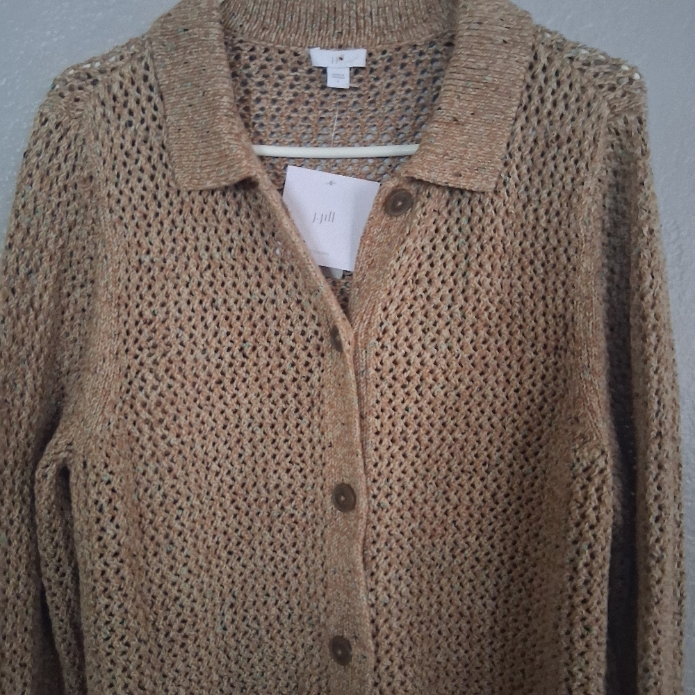 J Jill NWT Open Knit Button Down Cotton Blend Sweater Tan L. - Picture 3 of 7